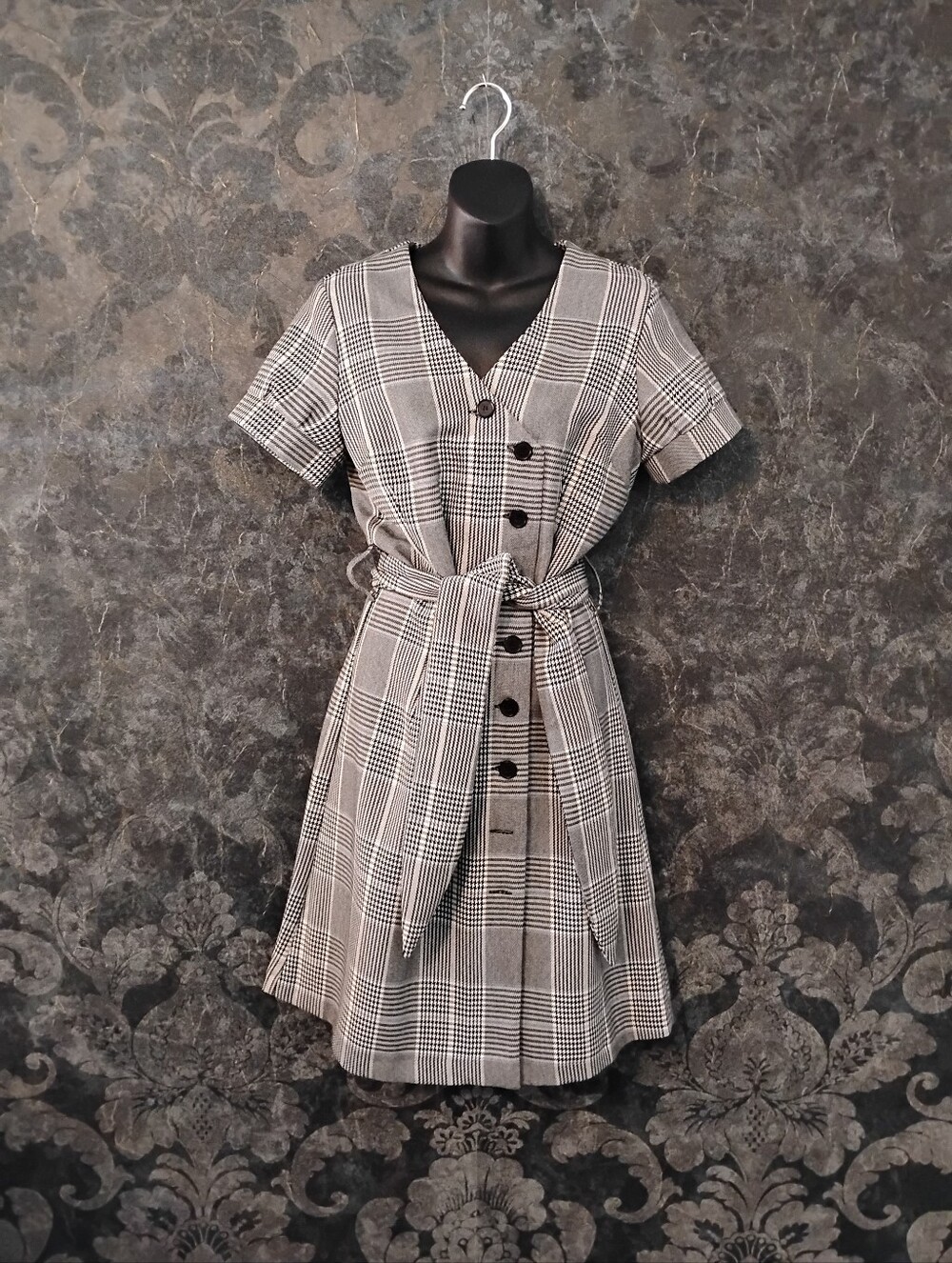 European Reserved Gray Plaid Button-Front Belted Mini Dress